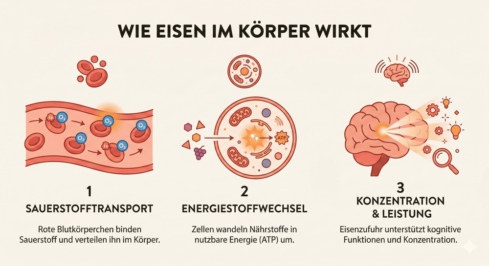 Infografik: Wie Eisen im Körper wirkt – Sauerstofftransport, Energiestoffwechsel, Konzentration