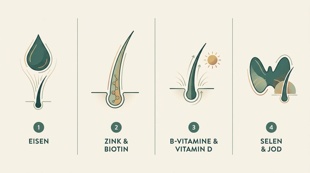 Infografik: Die 4 wichtigsten Haarvitamine – Eisen, Zink & Biotin, B-Vitamine & Vitamin D, Selen & Jod
