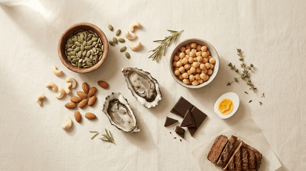Lebensmittel mit Haarvitaminen: Kürbiskerne, Cashews, Mandeln, Austern, Kichererbsen, dunkle Schokolade, Eier, Rindfleisch