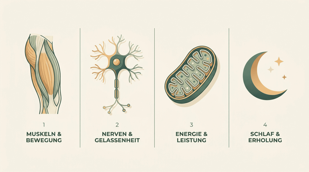 Infografik: Wirkungsbereiche von Magnesium – Muskeln, Nerven, Energie, Schlaf