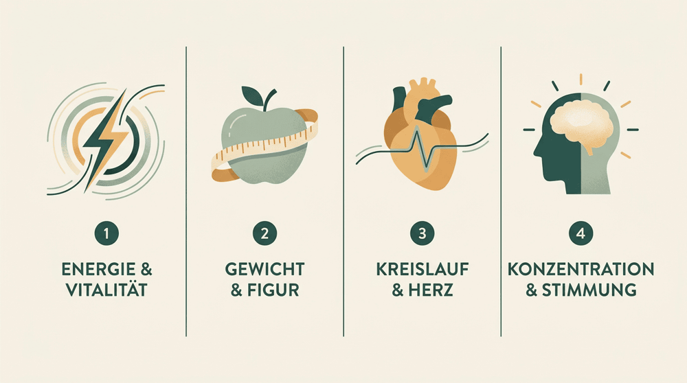 Infografik: Wirkungsbereiche eines aktiven Stoffwechsels – Energie, Gewicht, Herz, Konzentration