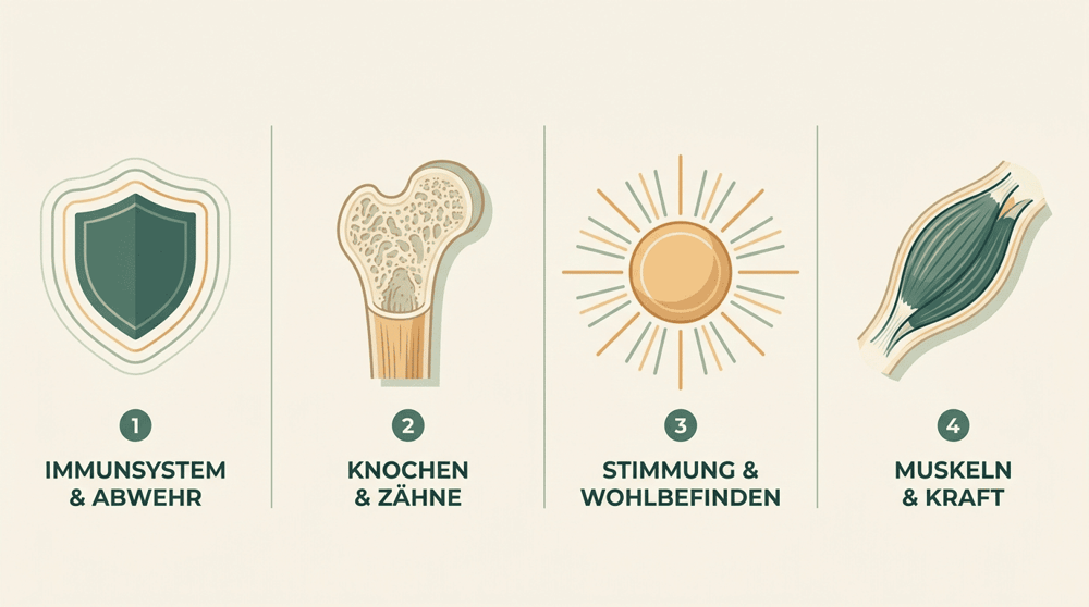 Infografik: Wirkungsbereiche von Vitamin D – Immunsystem, Knochen, Stimmung, Muskeln