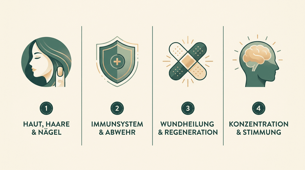 Infografik: Wirkungsbereiche von Zink – Haut, Immunsystem, Wundheilung, Konzentration