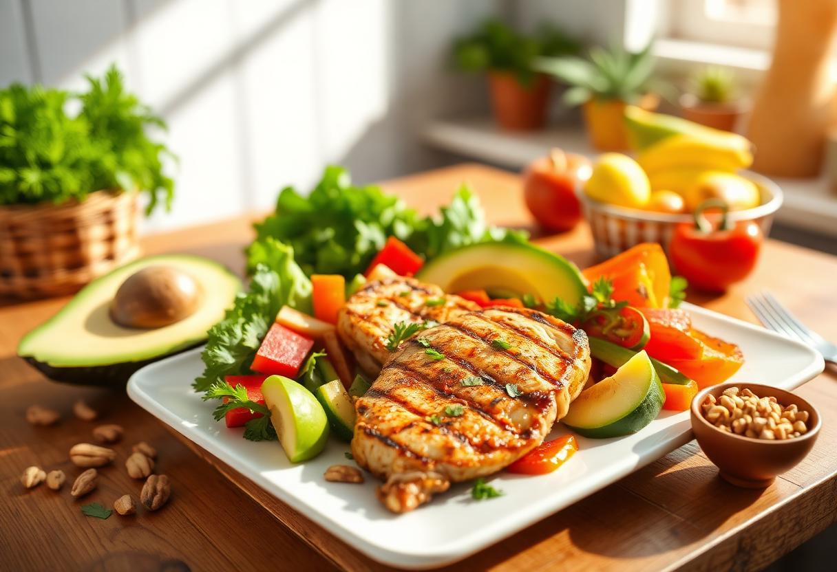 Frischer Teller mit Hähnchen, Gemüse, Avocado und Nüssen in einer hellen Küche