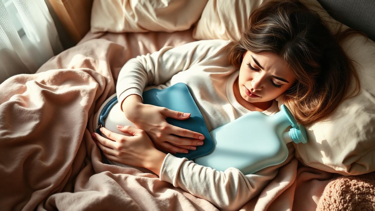 Frau liegt mit Wärmflasche auf dem Bauch im Bett