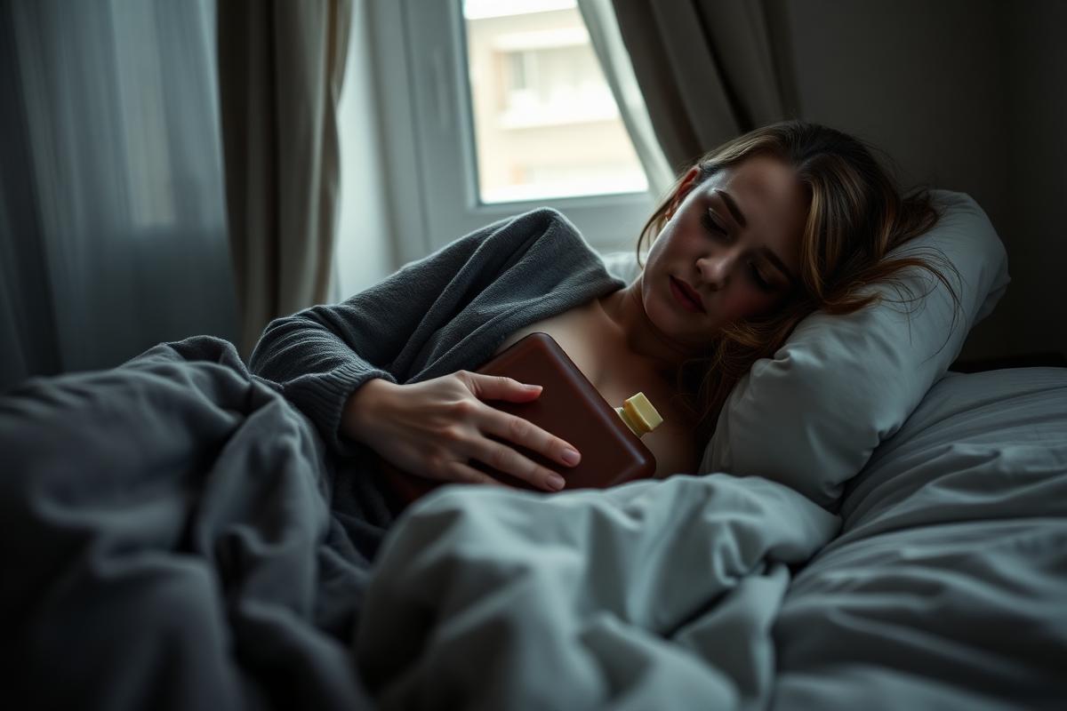 Frau liegt erschöpft mit Wärmflasche auf dem Bauch im Bett