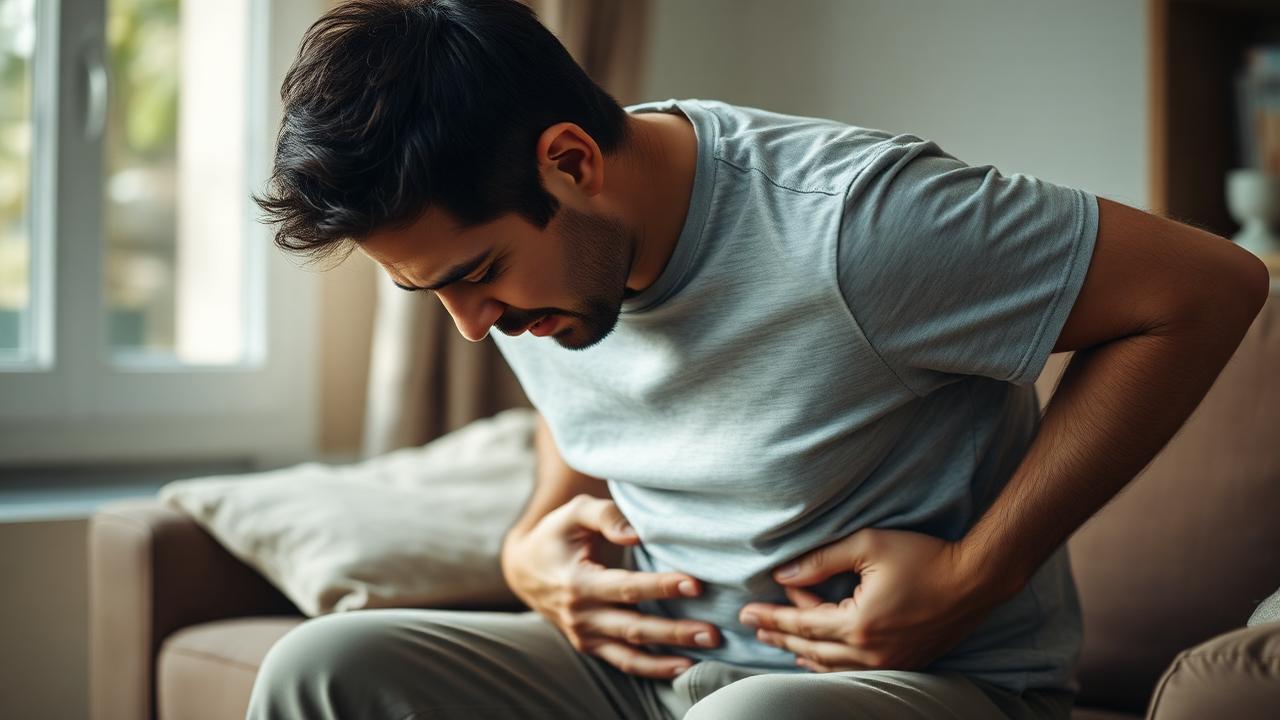 Mann hält sich mit Bauchschmerzen den Unterbauch