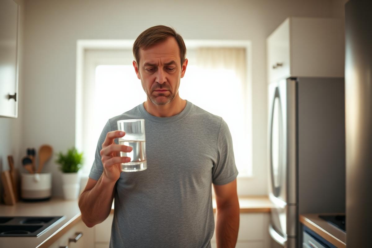 Mann in der Küche hält Wasserglas und fasst sich an die Flanke