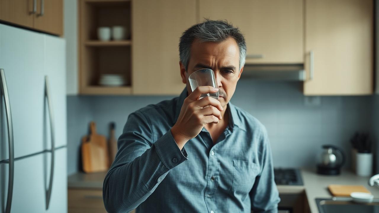 Mann trinkt Wasser und hält sich die Flanke
